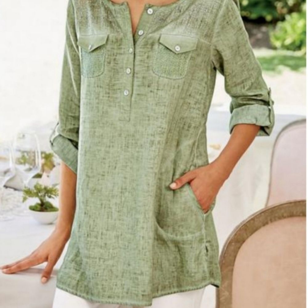 🔺️Soft Surroundings Olive Sequined Linen Long Sleeve Top XSmall